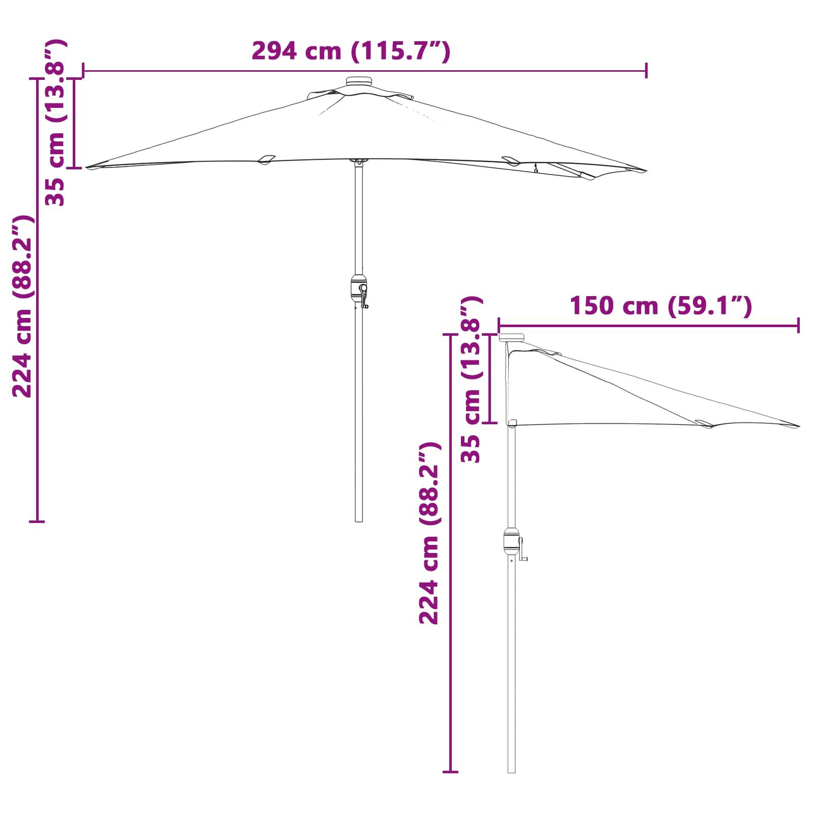 Großer Outdoor-Sonnenschirm-Diagramm mit Maßen: Höhe 224 cm (88,2 Zoll), Baldachin-Größe 294 cm (115,7 Zoll) und 150 cm (59,1 Zoll).