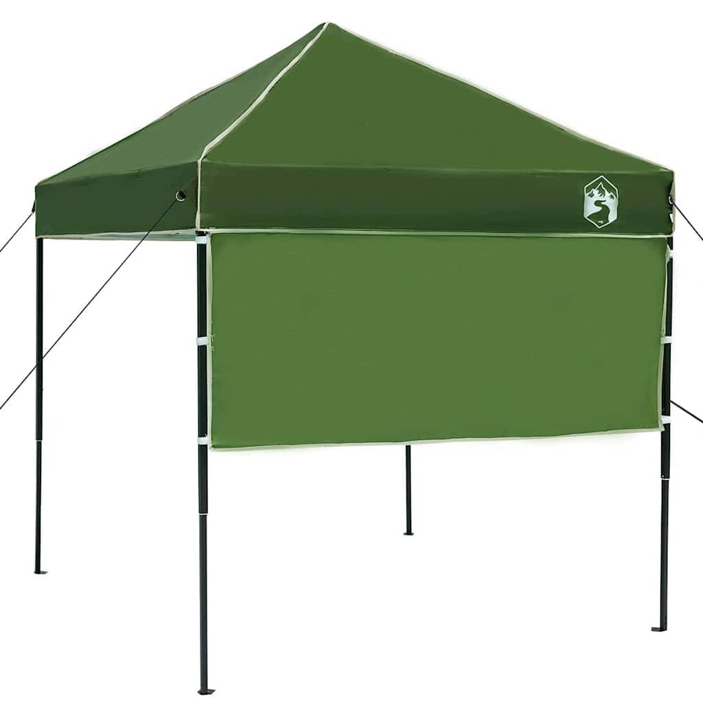 Ein grünes Pop-up-Zelt mit Pavillon, vier Stangen und einer Seitenwand, das ein kleines Logo in der oberen Ecke trägt. Ideal für den Außeneinsatz.