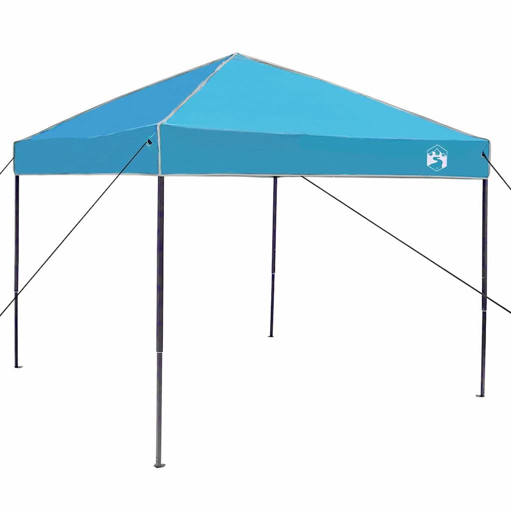 Ein blauer Outdoor-Pavillon mit vier schwarzen Metallbeinen und Spanngurten zur Stabilisierung, vor einem schlichten weißen Hintergrund.