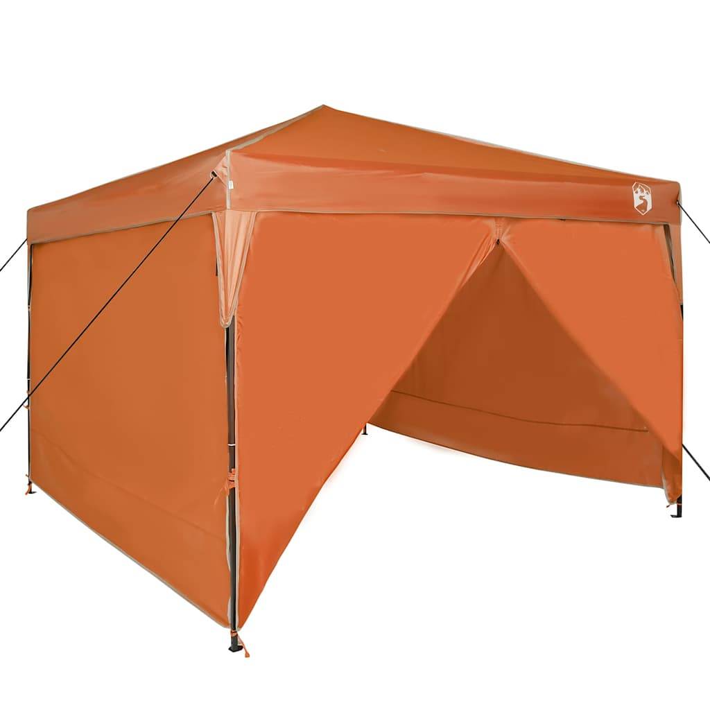 Orange Outdoor-Pavillonzelt mit vier Eckpfählen und zwei Seitenwänden, konzipiert für Schatten und Schutz bei Veranstaltungen oder Zusammenkünften.
