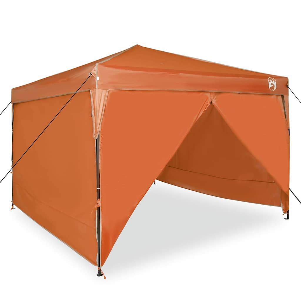 Orangefarbenes Popup-Pavillon-Zelt mit angebrachten Seitenwänden, das Schatten und Schutz bietet. Geeignet für Outdoor-Events oder Zusammenkünfte.