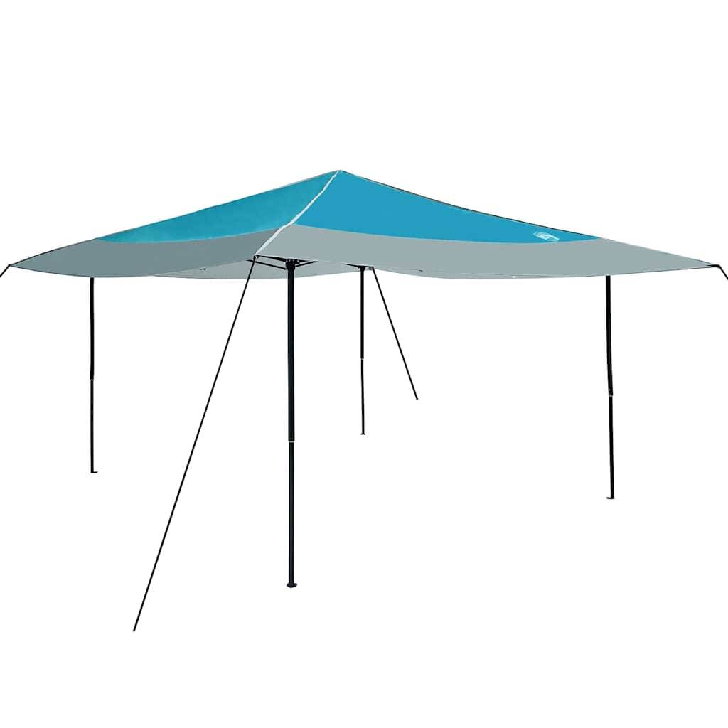 Ein großes, blau-graues Outdoor-Zelt mit vier stützenden schwarzen Stangen, geeignet zur Bereitstellung von Schatten in offenen Bereichen.