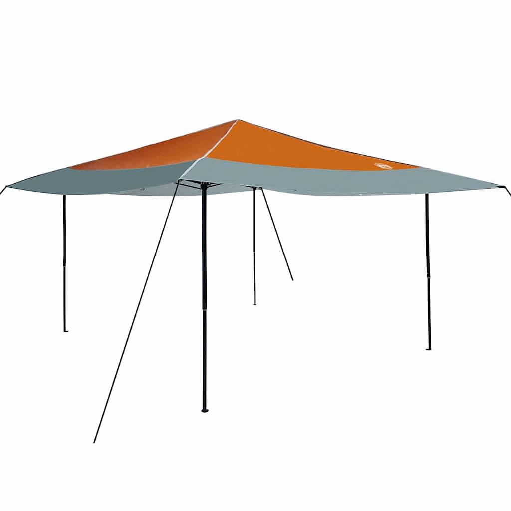 Ein großes, freistehendes Pavillon-Zelt mit einem orange-grauen Stoffdach, das von vier schwarzen Metallstangen getragen wird.