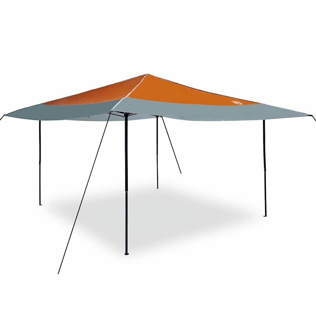 Ein großes graues und orangefarbenes Pavillon-Zelt mit vier schwarzen Metallstangen, das Schutz für Outdoor-Veranstaltungen oder Zusammenkünfte bietet.
