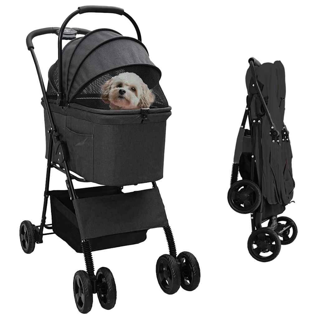 Ein grauer Tiertransportwagen mit einem Moskitonetz-Verdeck, der einen kleinen Hund enthält, wird geöffnet und zusammengefaltet gezeigt.