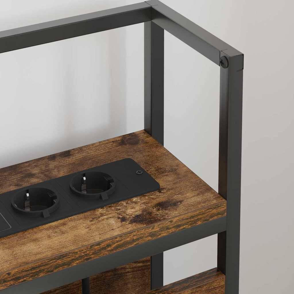 Ein Holzregal mit schwarzem Metallrahmen verfügt über zwei schwarze Steckdosen, die in seine Oberflächeneingebettet sind.