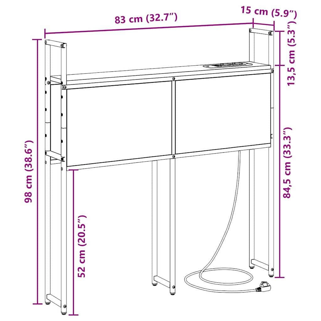 Schreibtischabmessungen: Breite 83 cm (32,7 Zoll), Tiefe 15 cm (5,9 Zoll), Höhe 98 cm (38,6 Zoll). Kabel an der Basis sichtbar.