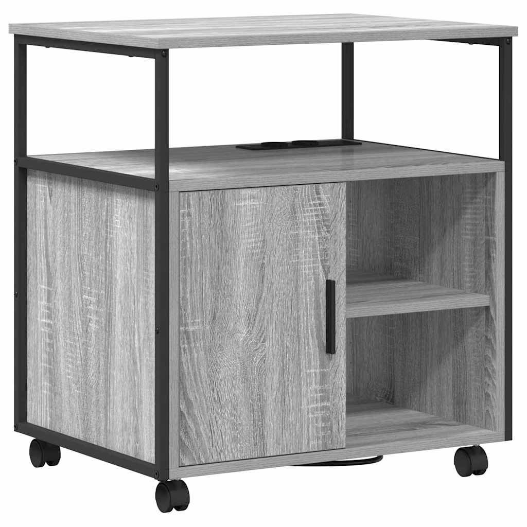 Ein kleiner, fahrbarer Holzschrank mit schwarzem Metallrahmen. Er hat ein offenes oberes Regal und im unteren Bereich eine Tür sowie zwei offene Regale.