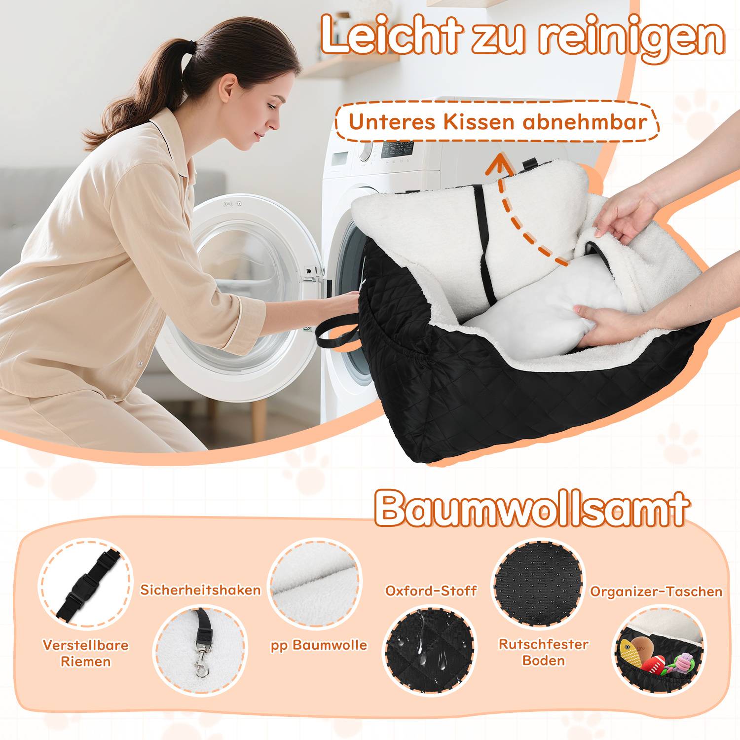 Produktgrafik einer waschbaren Haustiertransportbox mit Bett: "Leicht zu reinigen"" und ""Unteres Kissen abnehmbar"" heben ein abnehmbares unteres Kissen hervor; Funktionen umfassen verstellbaren Riemen, Sicherheitshaken, Baumwollstoff, Oxfordstoff, rutschfeste Basis und Organisationstaschen.