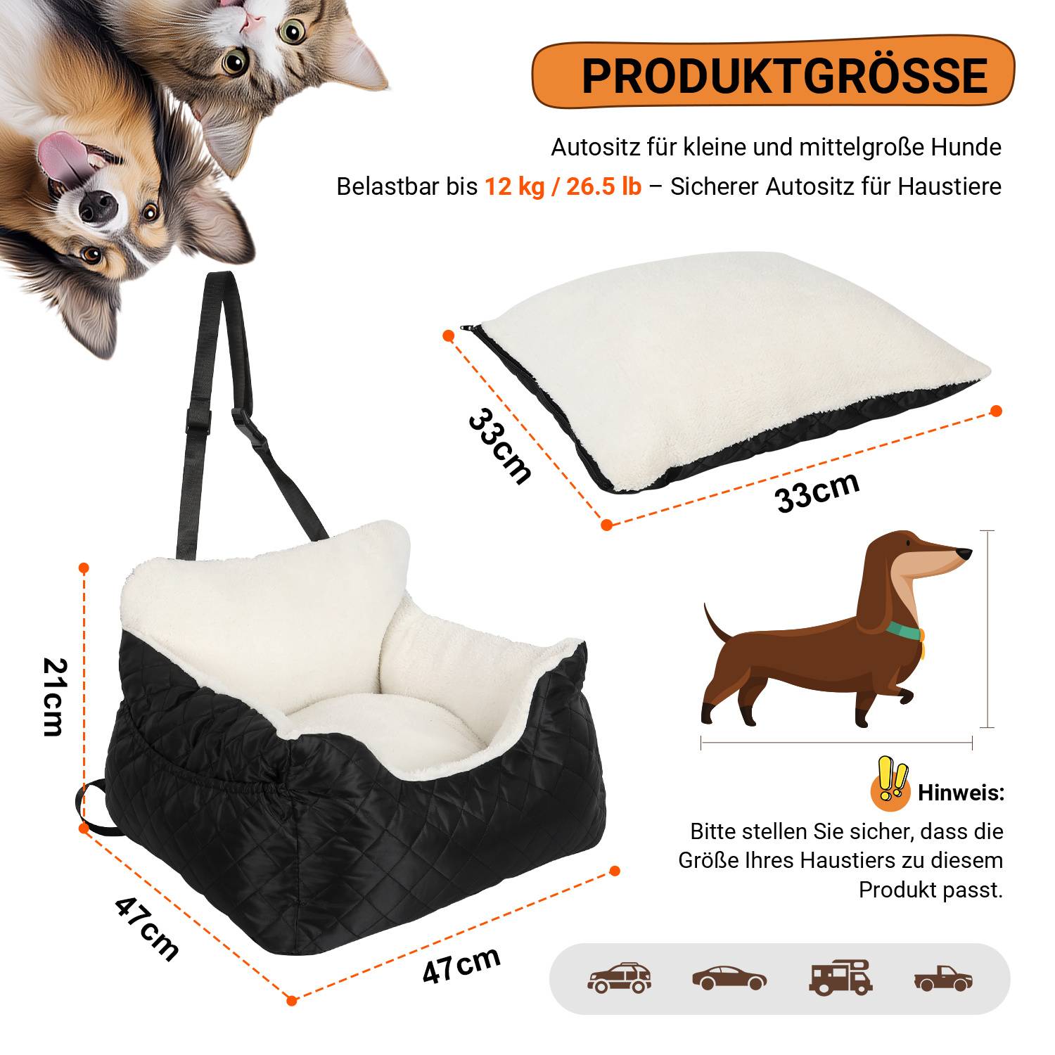 Autositz für Hunde Stabiler Hundeautositz für kleine Hunde - Wasserdichter schwarz-weißer Patchwork-Hundeautositz für Rück- und Vordersitze