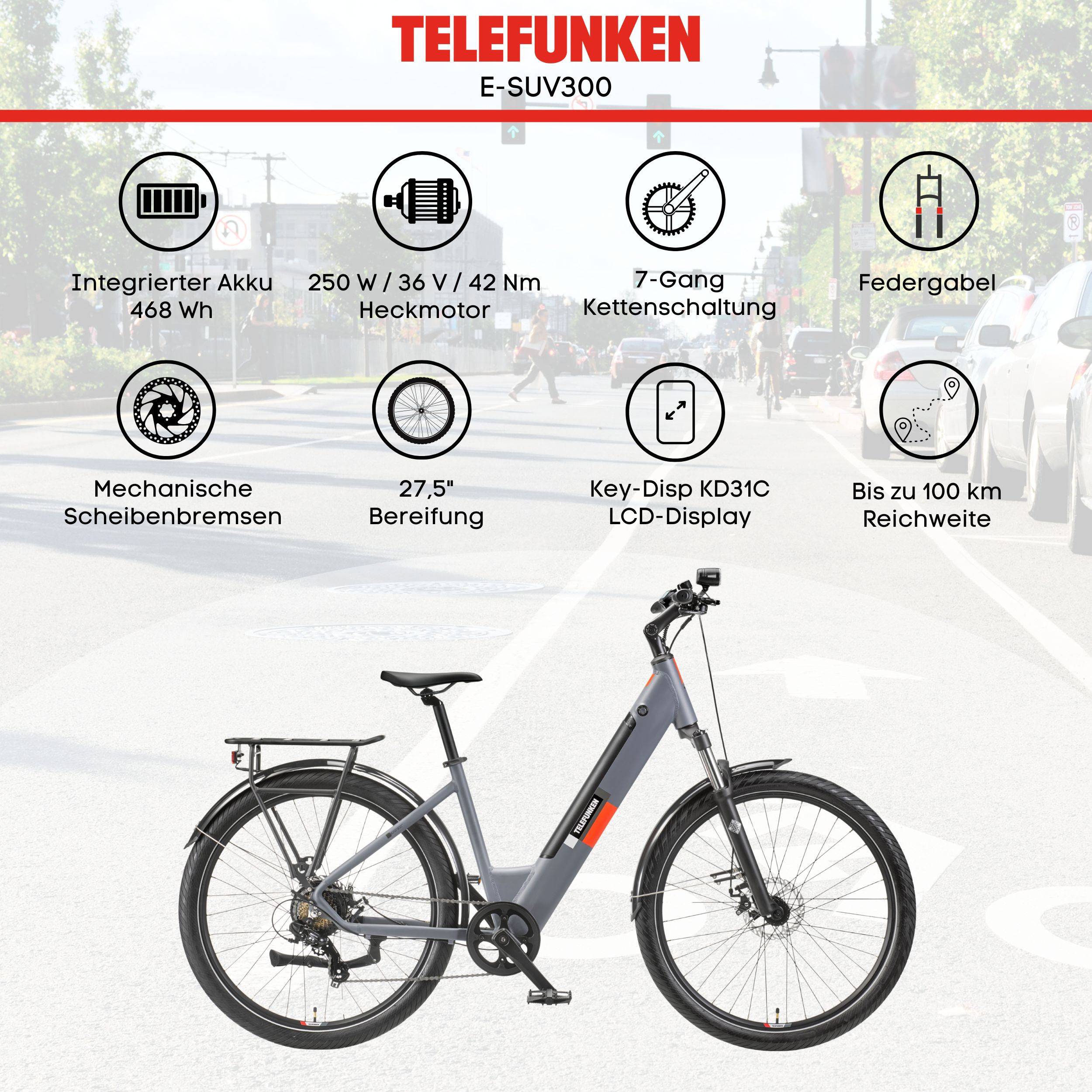 Telefunken City SUV E-Bike | Elektrofahrrad 27,5 Zoll | Heckmotor| 7-Gang Kettenschaltung | 468 Wh Akku | Pedelec