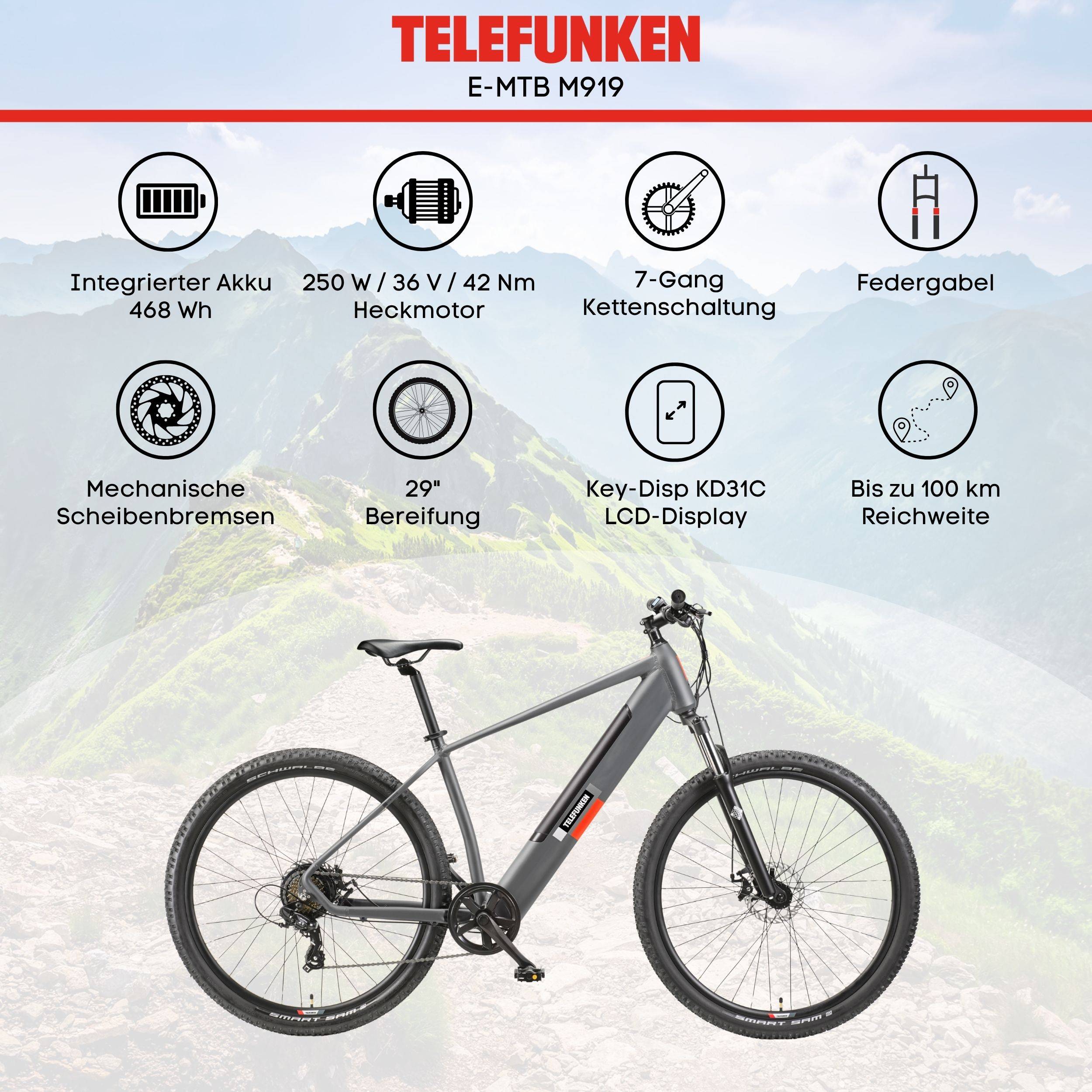 Telefunken MTB E-Bike Mountainbike | Elektrofahrrad 29 Zoll | Kettenschaltung | Heckmotor | 468 Wh Akku | EBike Pedelec
