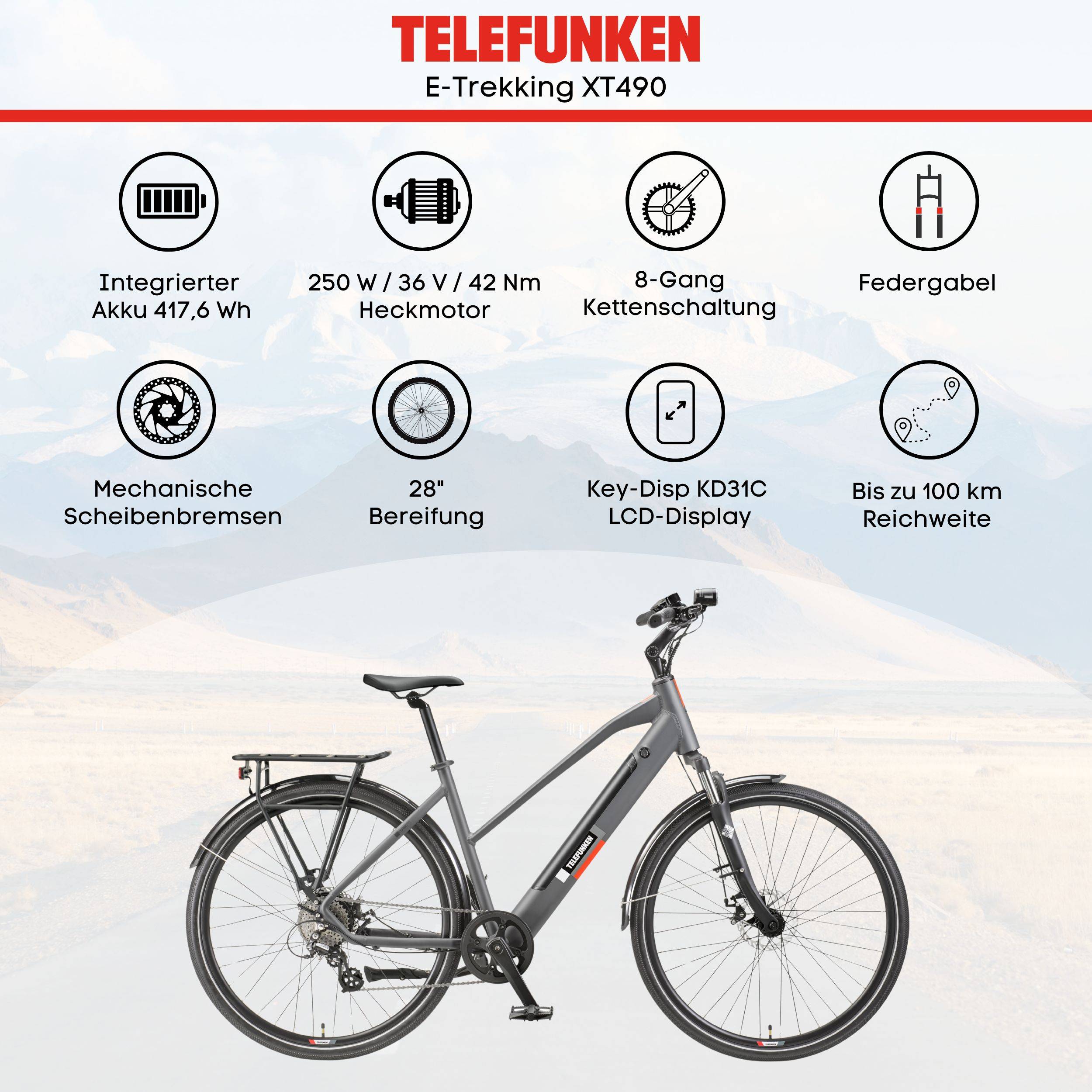 Telefunken Trekking E-Bike | Elektrofahrrad 28 Zoll | 8-Gang Kettenschaltung | Heckmotor 250W | 417,6Wh Akku | Pedelec
