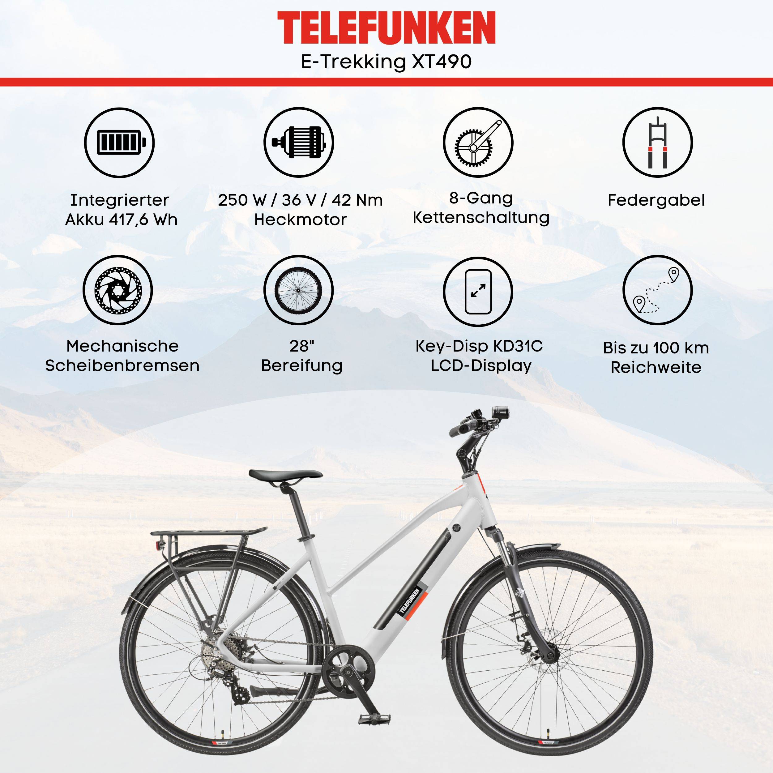 Telefunken Trekking E-Bike | Elektrofahrrad 28 Zoll | 8-Gang Kettenschaltung | Heckmotor 250W | 417,6Wh Akku | Pedelec