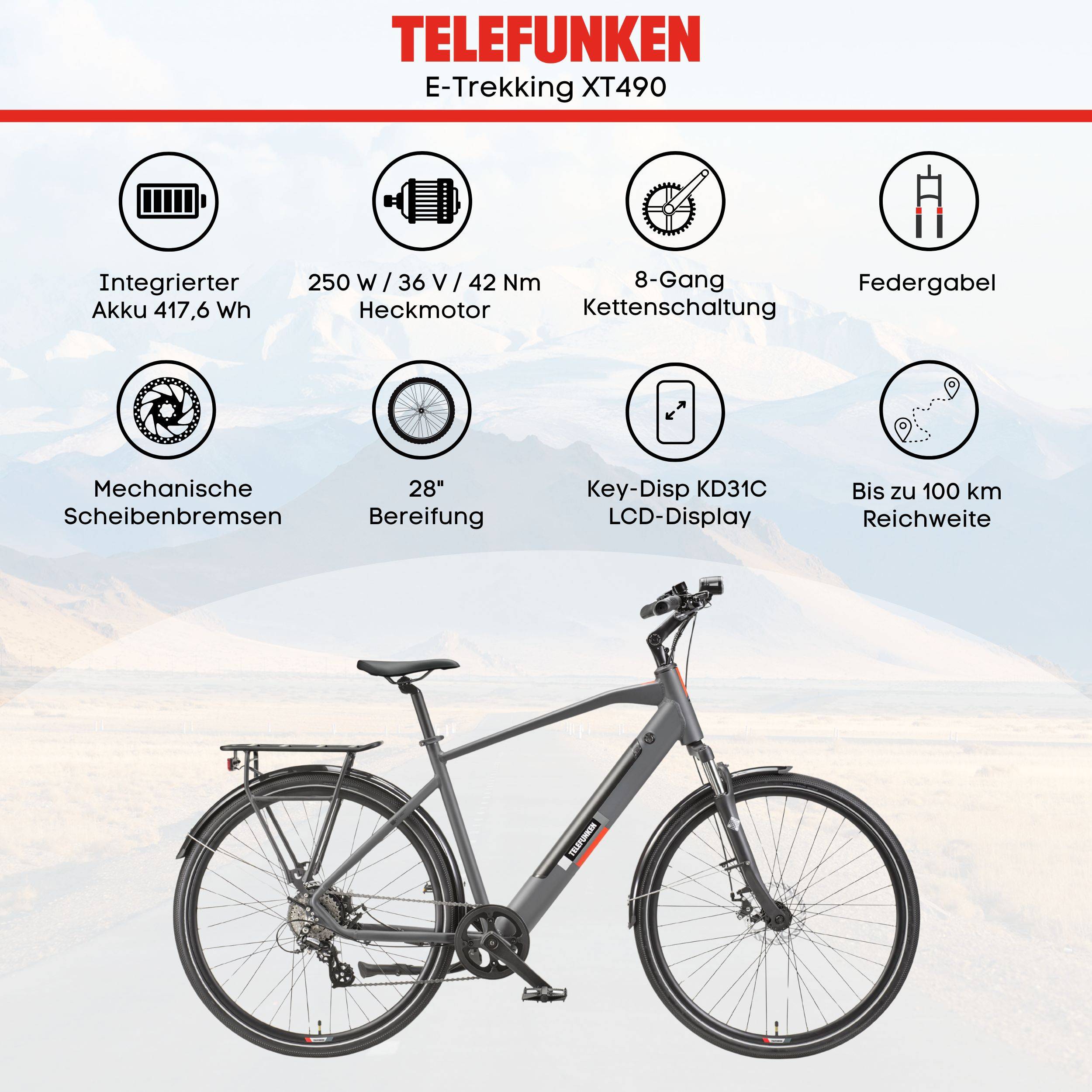 Telefunken Trekking E-Bike | Elektrofahrrad 28 Zoll | 8-Gang Kettenschaltung | Heckmotor 250W | 417,6Wh Akku | Pedelec