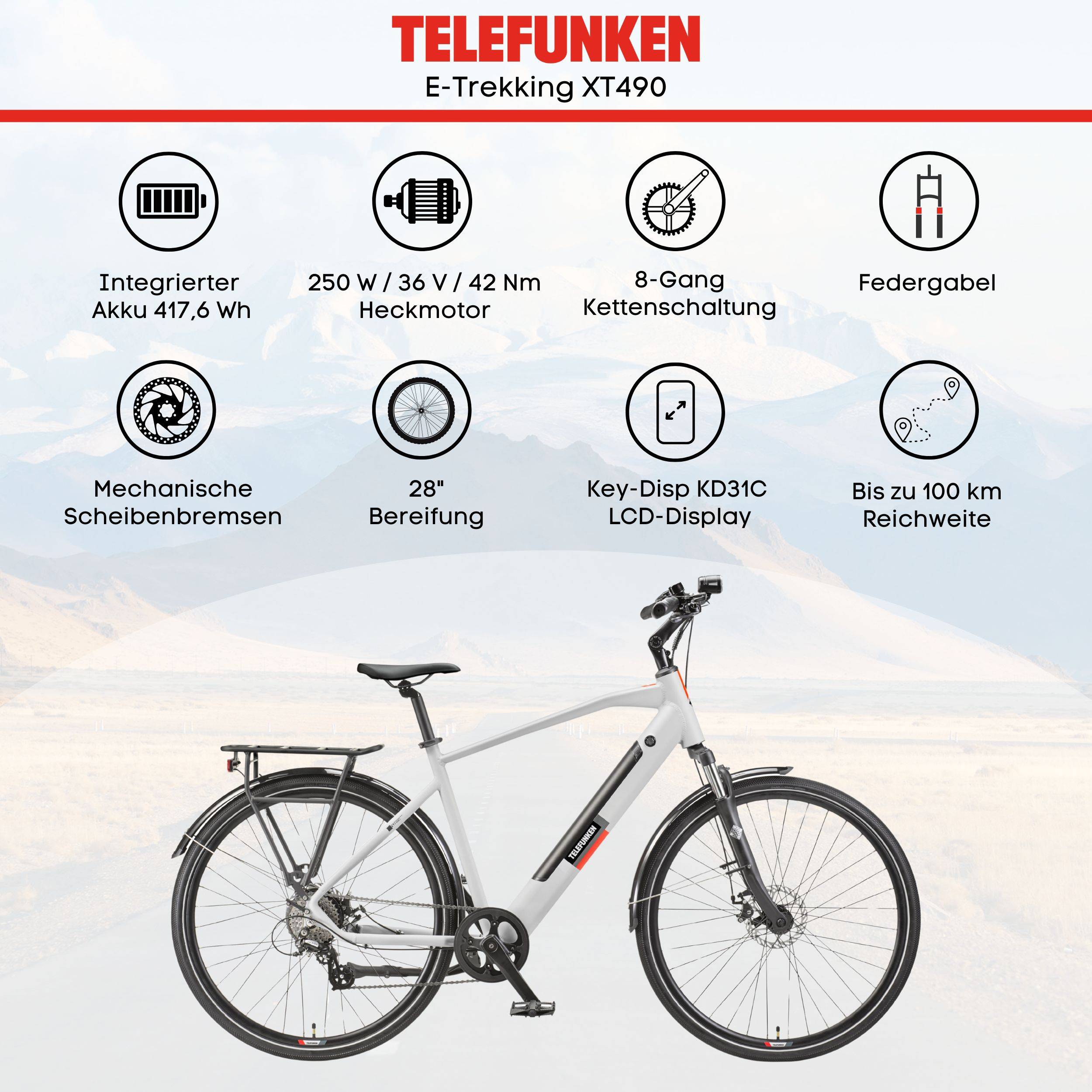 Telefunken Trekking E-Bike | Elektrofahrrad 28 Zoll | 8-Gang Kettenschaltung | Heckmotor 250W | 417,6Wh Akku | Pedelec