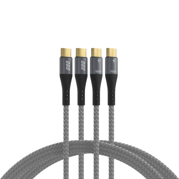 Vier USB-C-Kabel mit grauer geflochtener Ummantelung und vergoldeten Steckern, gekennzeichnet mit „100W