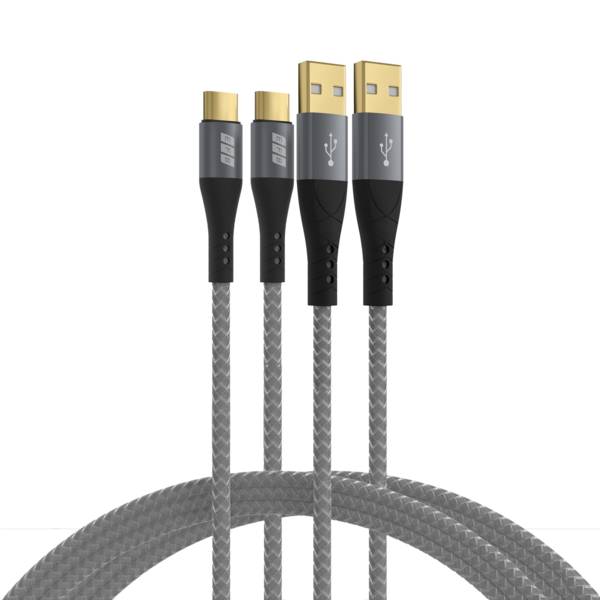 Zwei geflochtene USB-Kabel mit vergoldeten Steckern; eines mit USB-C und eines mit USB-A.
