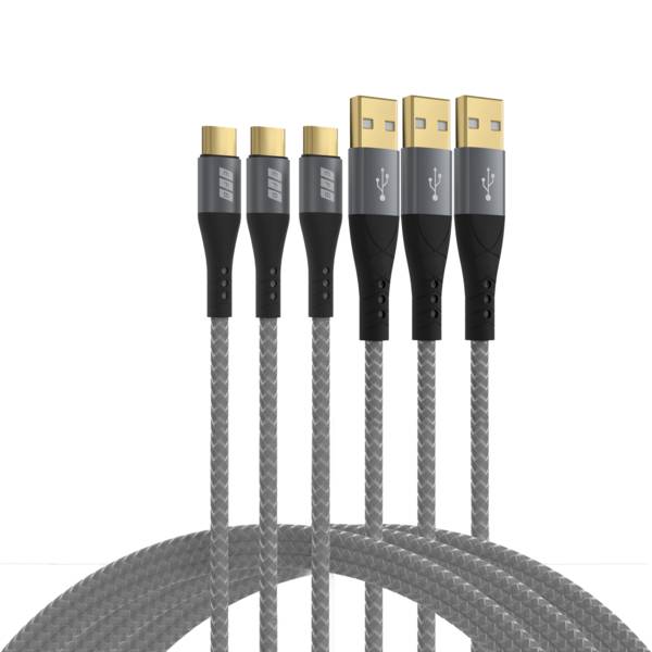 Ein Satz von vier USB-C auf USB-A geflochtenen Kabeln mit vergoldeten Steckern, vertikal angeordnet, das Haltbarkeit und Konnektivitätsmerkmale zur Schau stellt.