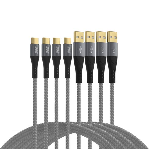 Nylon-geflochtene Kabel mit USB- und USB-C-Anschlüssen in Schwarz und Grau, vertikal dargestellt.