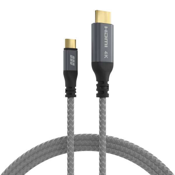 Ein geflochtenes HDMI-Kabel mit einer '4K'-Beschriftung am Anschluss, das die Unterstützung von hochauflösendem Video anzeigt, von einem Winkel aus gezeigt, um beide Anschlüsse zu enthüllen.