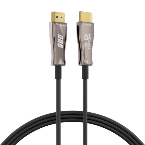 Ein schwarzes HDMI-Kabel mit goldenen Anschlüssen, beschriftet mit ‚Display' und ‚Source', geeignet für die Verbindung von Geräten wie Monitoren und Projektoren.