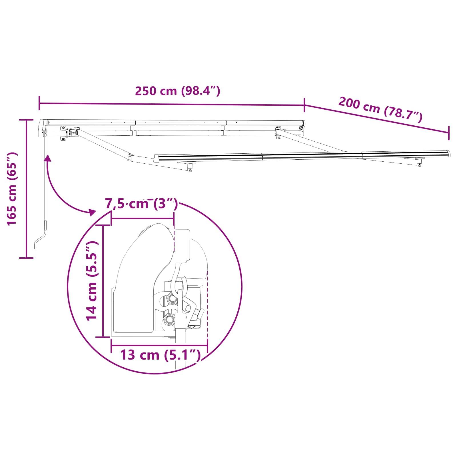 Diagramm zeigt Abmessungen einer einfahrbaren Markise: Breite 250 cm (98,4