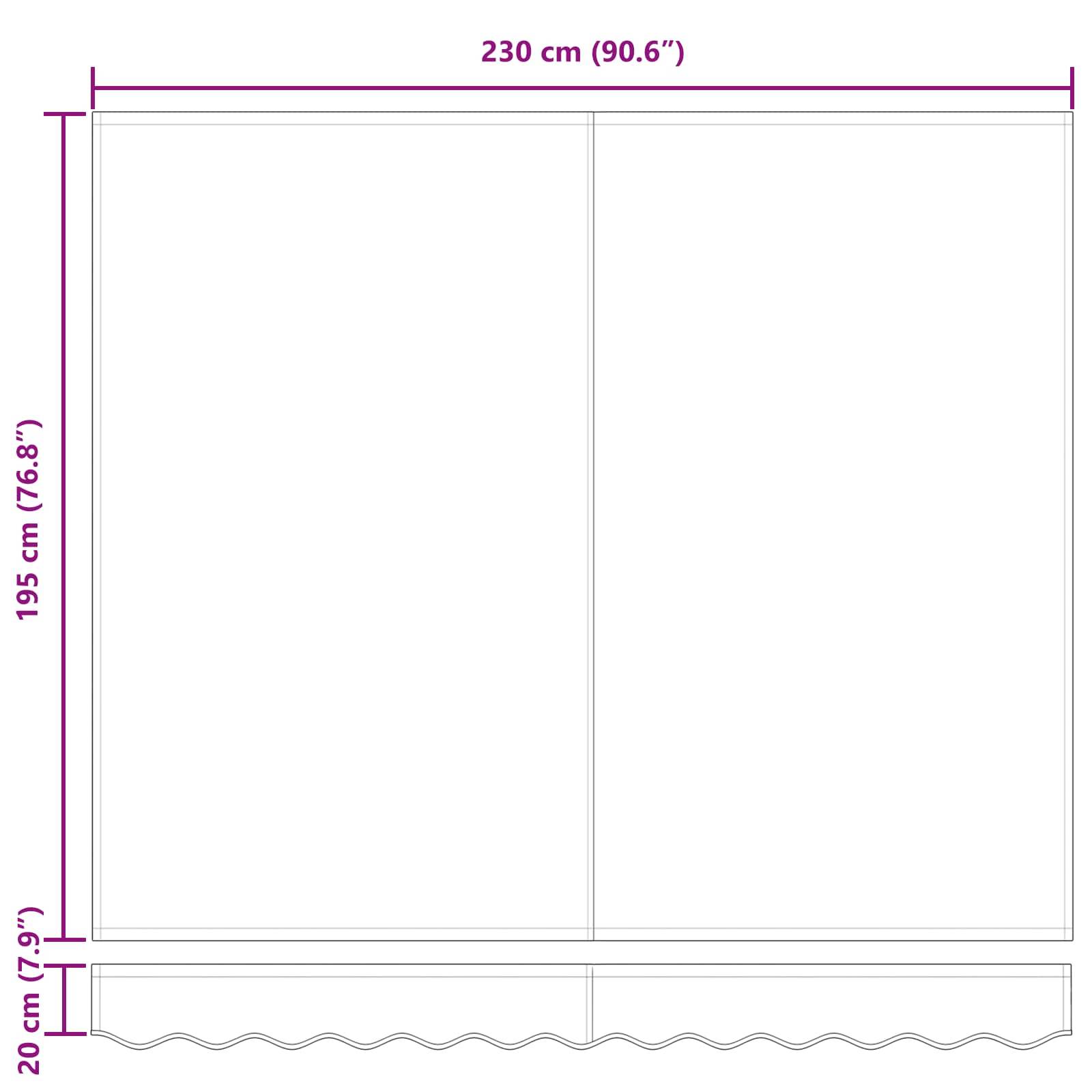 Diagramm zeigt ein rechteckiges Fenster mit Abmessungen: Breite 230 cm (90,6 Zoll) und Höhe 195 cm (76,8 Zoll). Der Vorhangfall beträgt 20 cm (7,9 Zoll).
