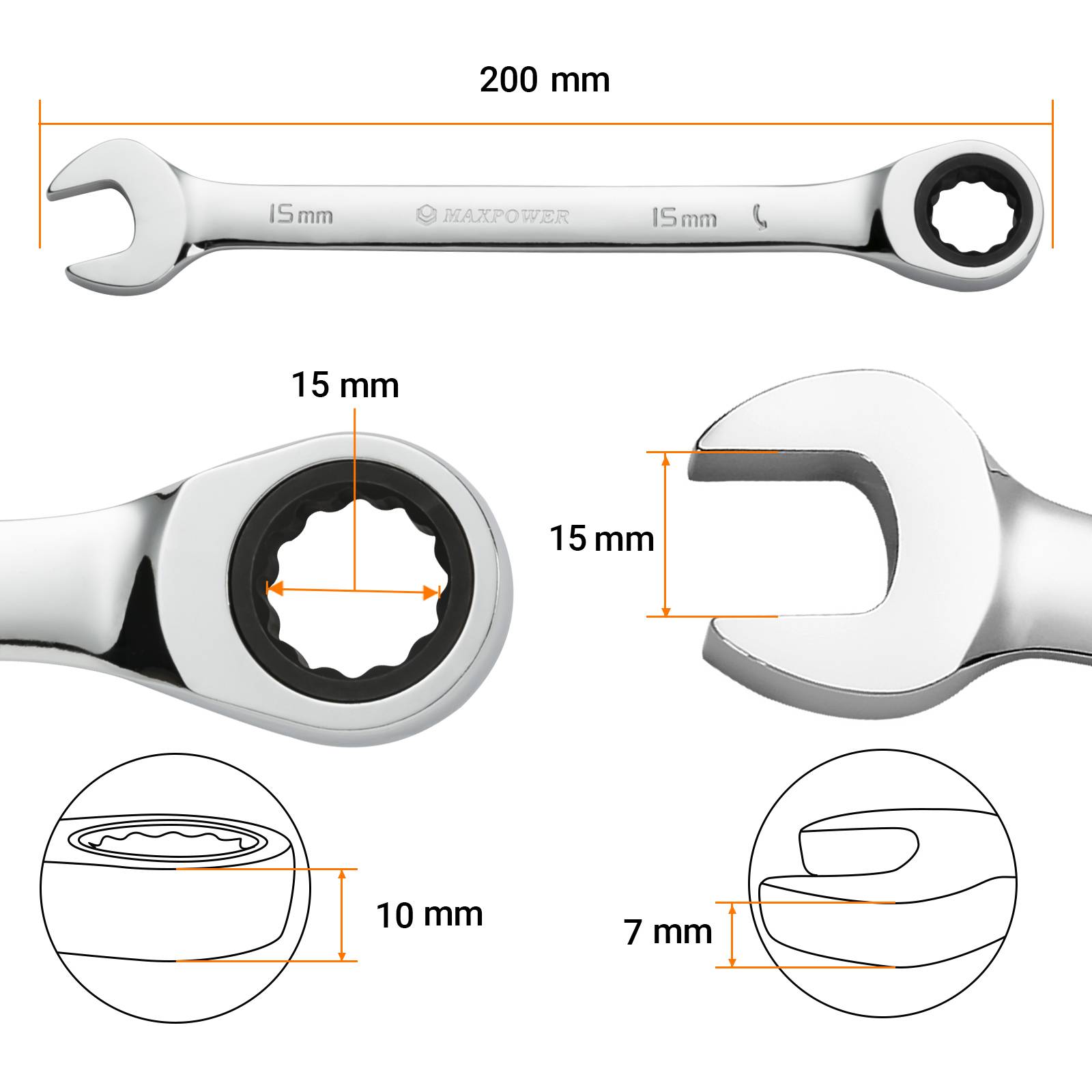 MAXPOWER 15mm Ratschen-Ringmaulschlüssel