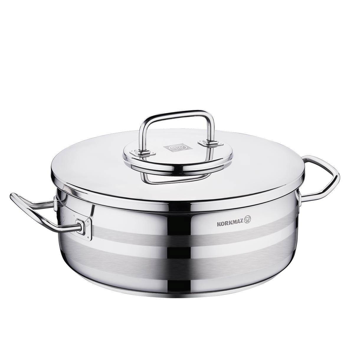 Korkmaz Astra2 Low Casserole 30 x 11 cm - 7,5 L, Edelstahl-Kochtopf mit Deckel