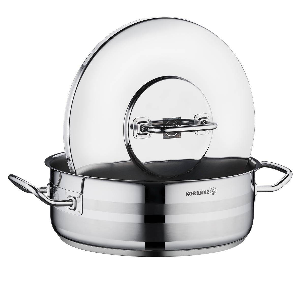 Korkmaz Astra2 Low Casserole 30 x 11 cm - 7,5 L, Edelstahl-Kochtopf mit Deckel