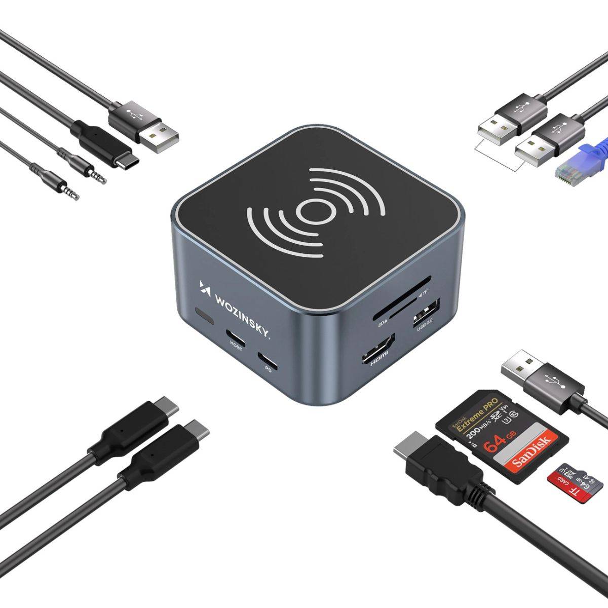 Wozinsky WHBC09Y8S USB-C 12-in-1 Hub mit WLAN-Ladefunktion, grau