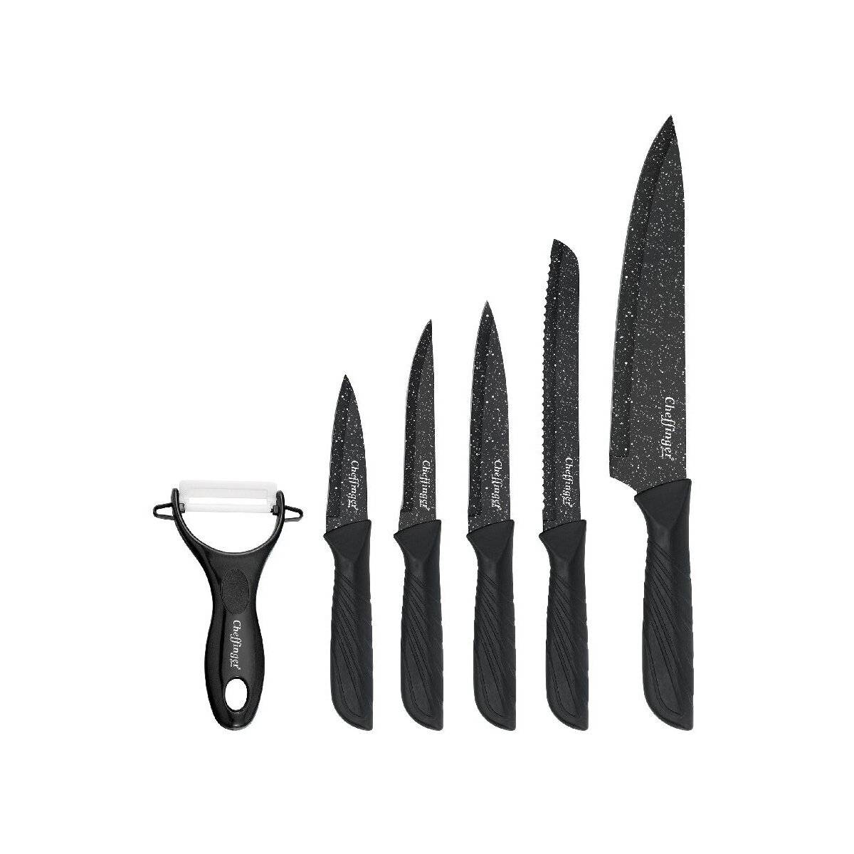 6-teiliges Messer-Set mit Schäler in Schwarz - kompakt, scharf & stilvoll