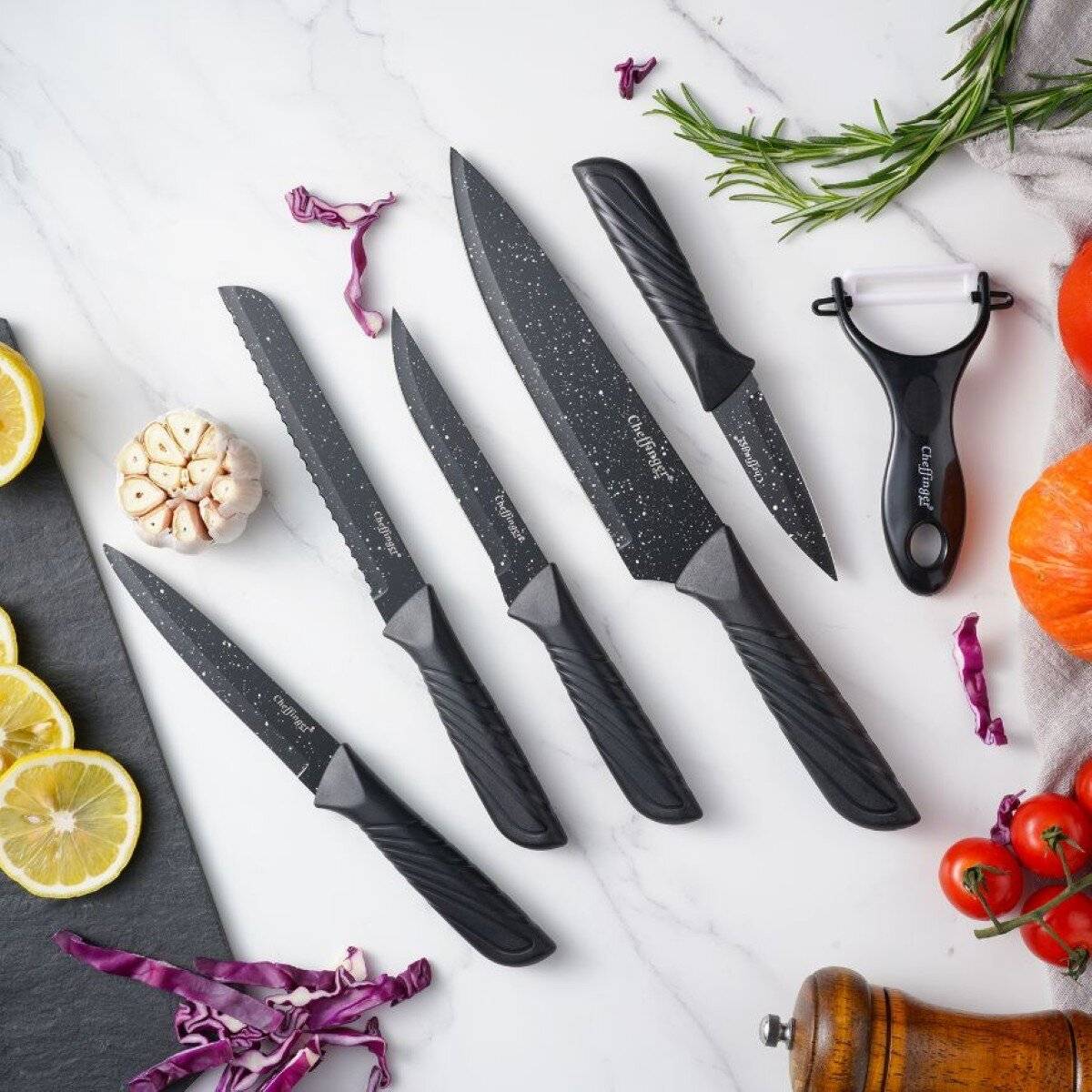 6-teiliges Messer-Set mit Schäler in Schwarz - kompakt, scharf & stilvoll