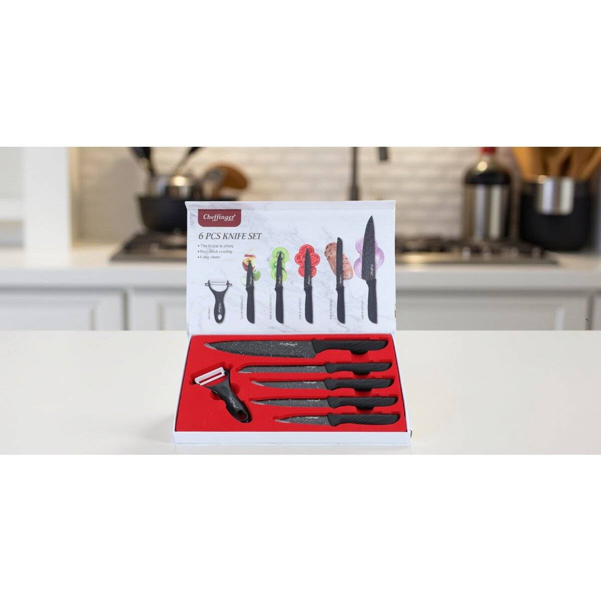 6-teiliges Messer-Set mit Schäler in Schwarz - kompakt, scharf & stilvoll