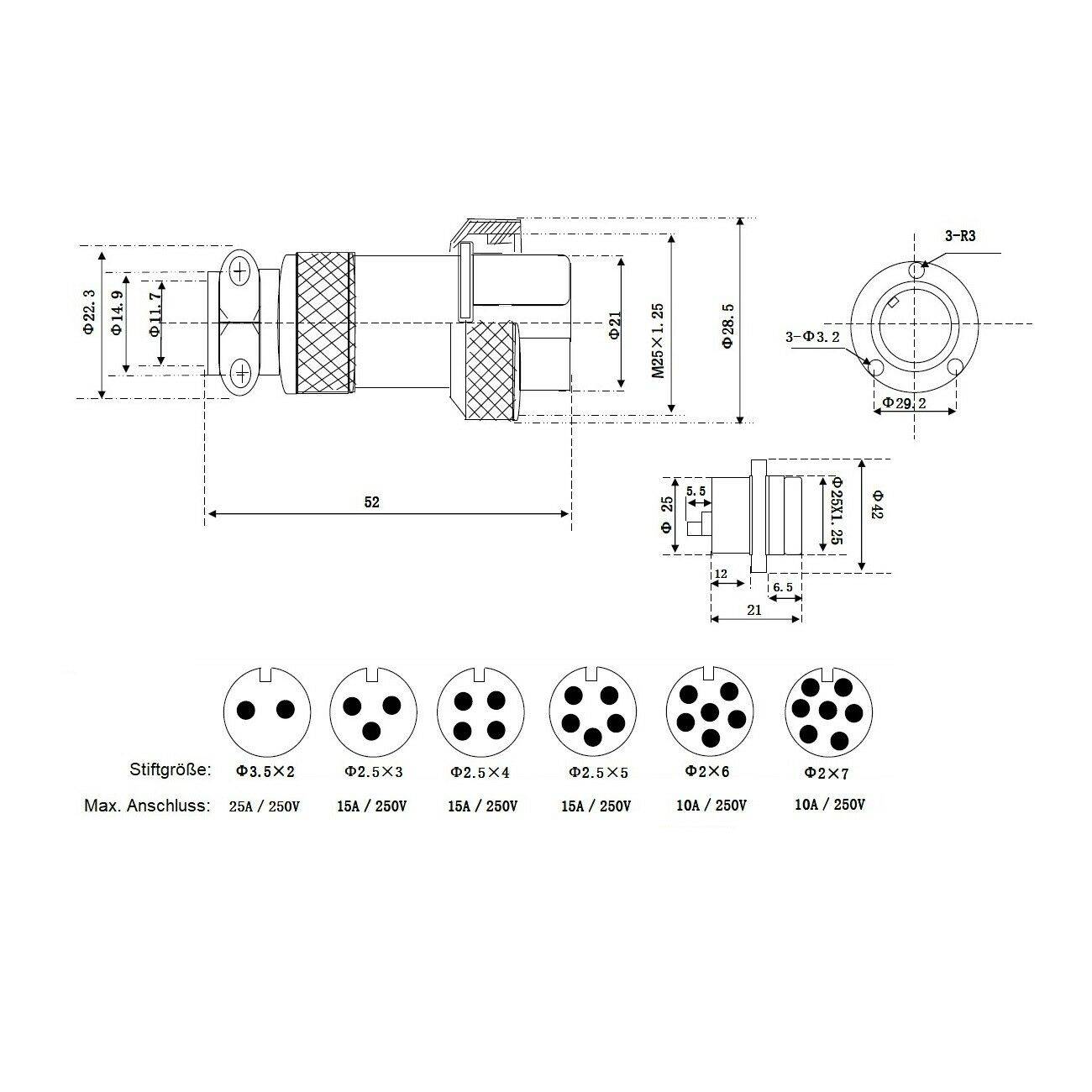 Einbaustecker Steckverbindung Flansch Stecker Kupplung Flanschstecker Hochstrom 3