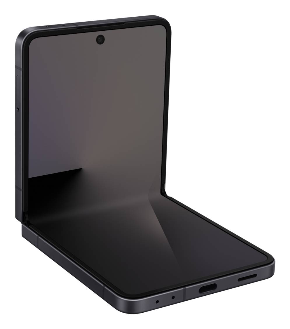 Faltbares Smartphone, das im rechten Winkel offen angezeigt wird, mit leerem schwarzem Bildschirm und zentrierter Lochkamera.