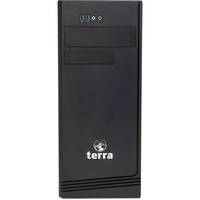 Ein schwarzer Terra Computer-Tower mit USB- und Audioanschlüssen an der vorderen Oberseite, mit dem Terra-Logo prominent auf dem vorderen unteren Bereich des Gehäuses platziert.