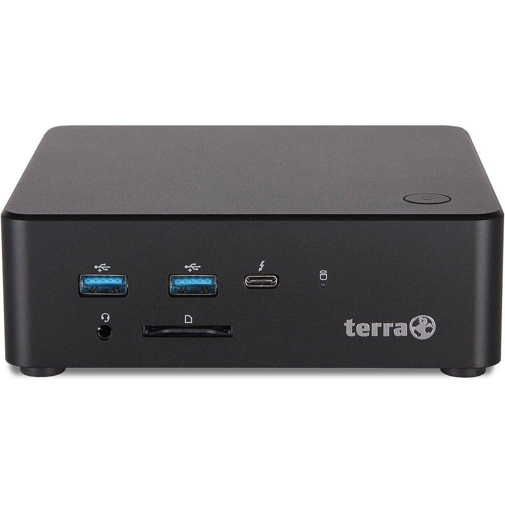 Ein kompakter schwarzer Mini-PC mit zwei USB-Anschlüssen, einem Kopfhöreranschluss, einem SD-Kartenslot und einem USB-C-Anschluss an der Vorderseite. Das Markenlabel ist sichtbar.