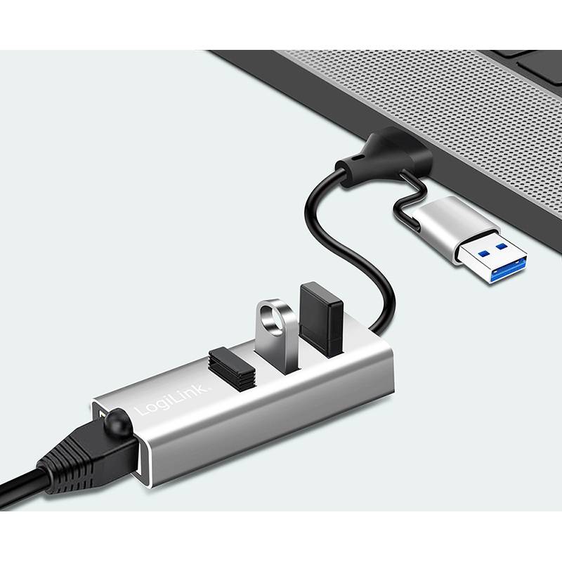 LogiLink USB 3.2 - Gigabit Ethernet Adapter, 3-Port USB Hub