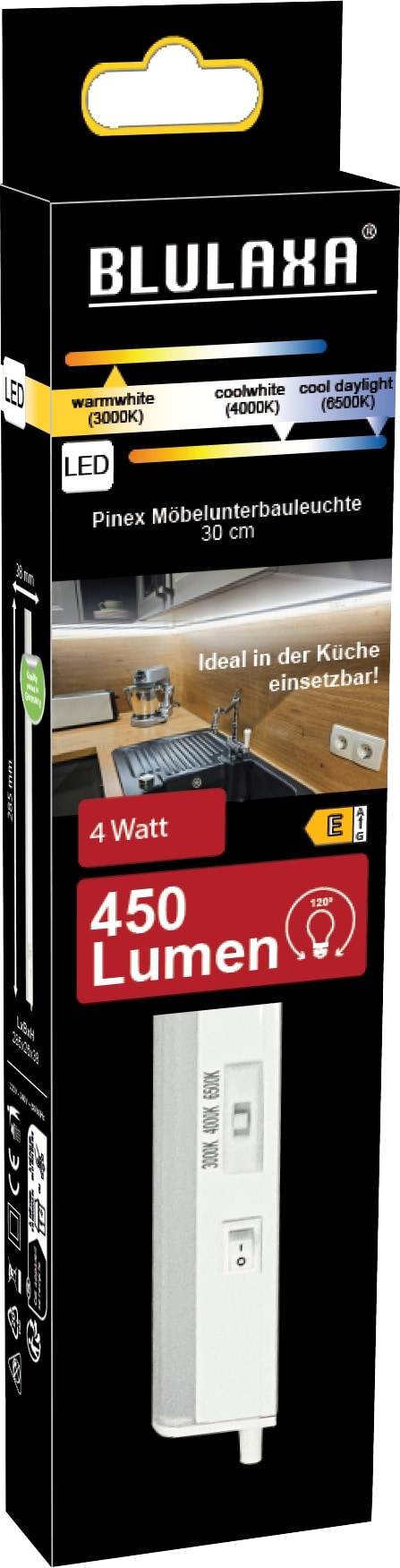 BLULAXA LED-Unterbauleuchte Pinex, CCT, 4W, EEK:E, 3000/4000/6500 K, 450lm, IP20, 28,5 cm