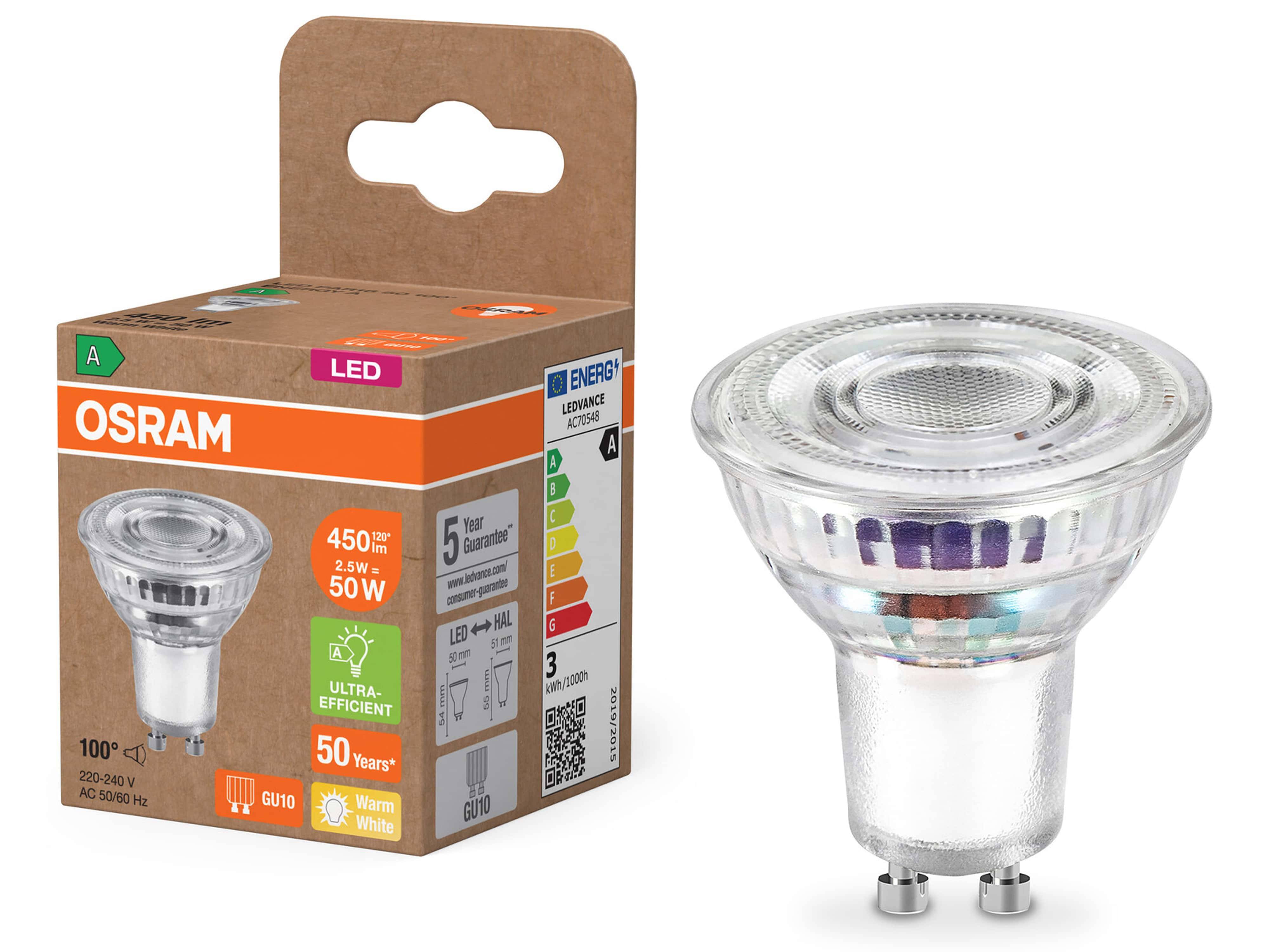 OSRAM LED-Reflektorlampe, GU10, 2,5 W, 2700 K, EEK: A, 450 lm, warmweiß