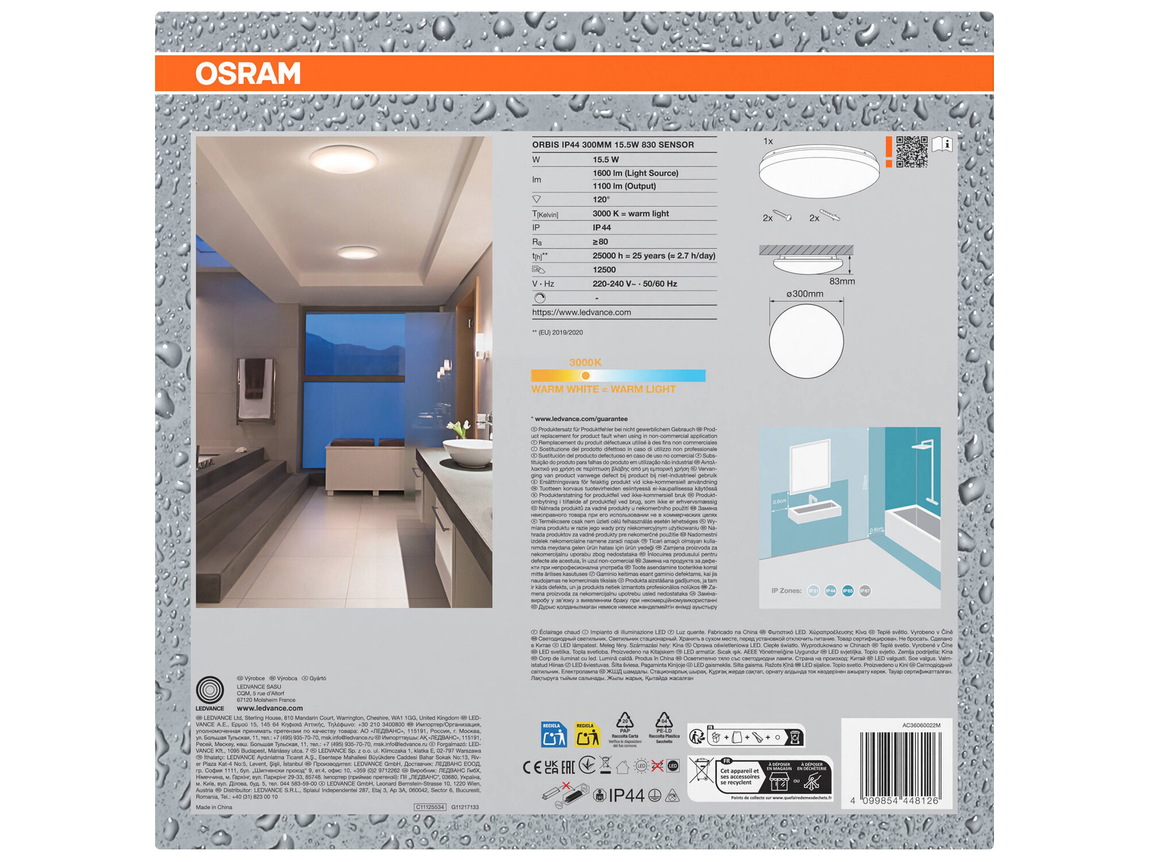 OSRAM LED-Deckenleuchte mit Sensor, 15,5 W, 1100 lm, 3000 K, IP44, Ø 0,3 m