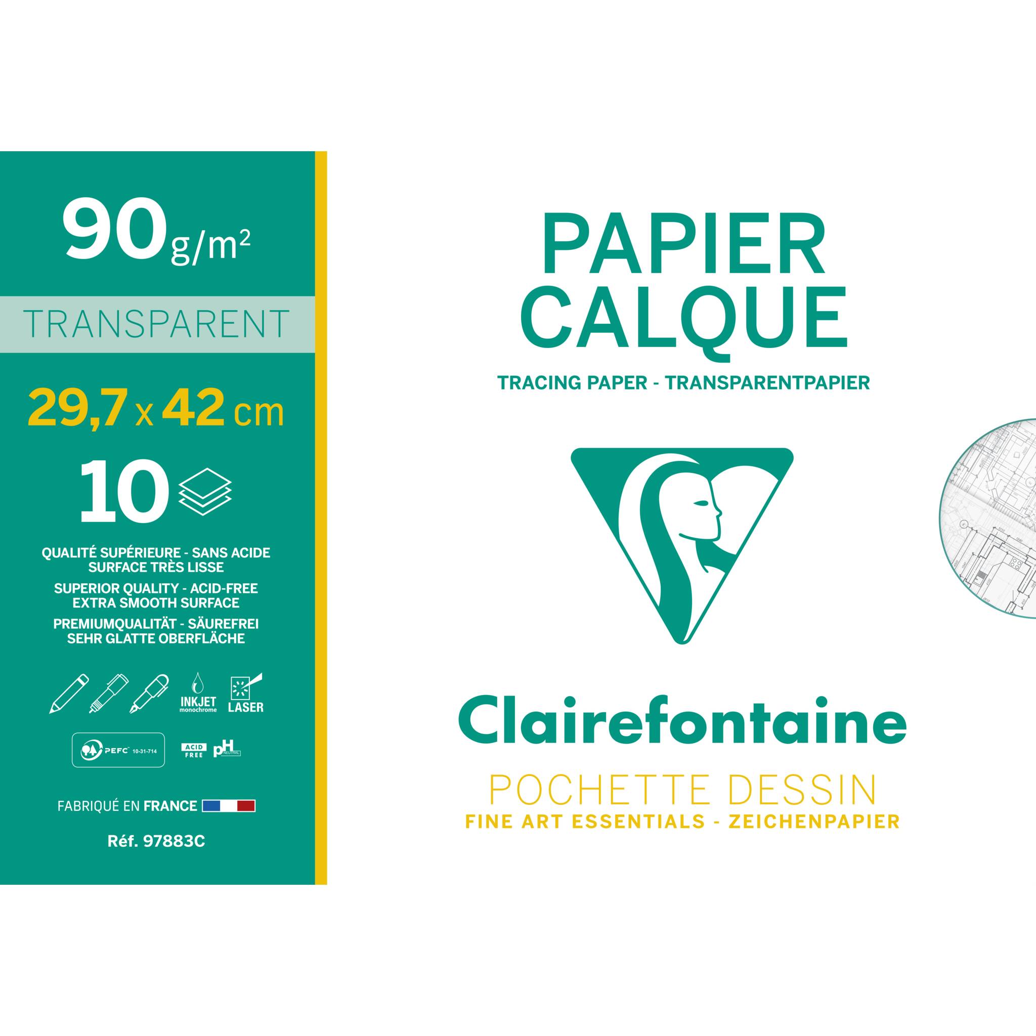Clairefontaine 10x Transparentpapier, Packung mit 10 Blatt A3, 90/95g 97883C