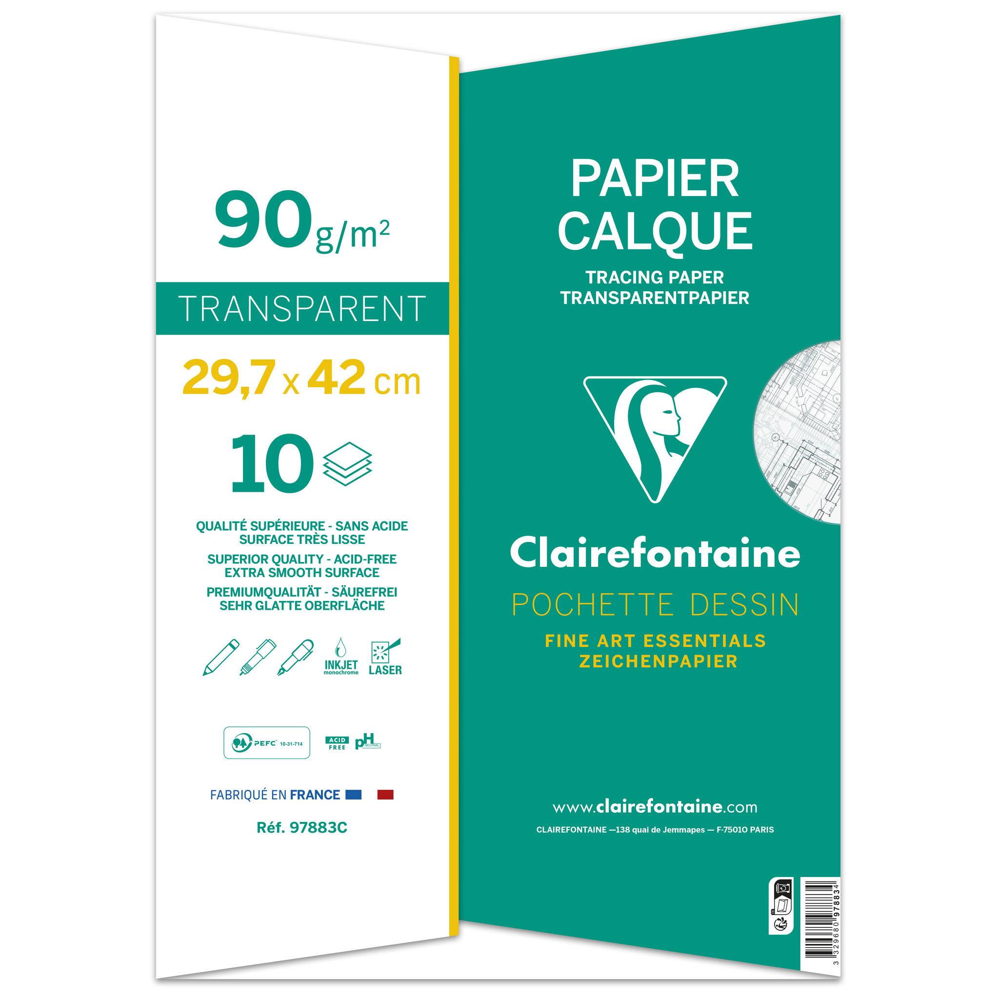 Clairefontaine 10x Transparentpapier, Packung mit 10 Blatt A3, 90/95g 97883C