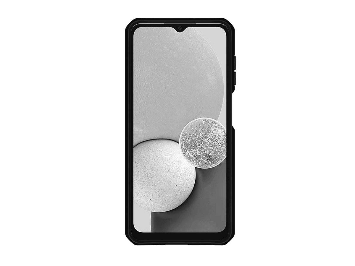 Ein Smartphone mit einem robusten schwarzen Gehäuse zeigt ein abstraktes Kunstbild in Grautönen, das überlappende Kugeln mit einer detaillierten Textur darstellt.