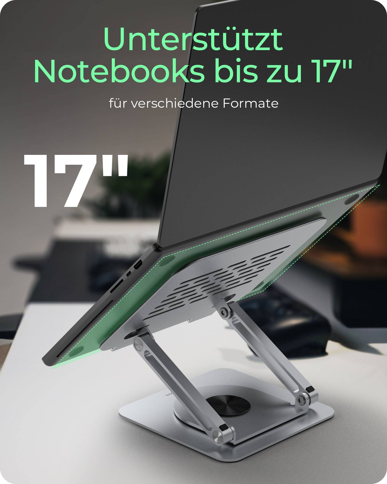 ICY BOX IB-NH300-R, Notebookhalter, rotierend, höhenverstellbar, Aluminium, für Notebooks bis 17" (43 cm), Laptop-Ständer, Silber, Aluminium, 43,2