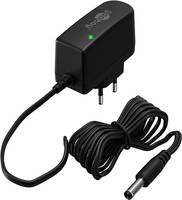 Ein schwarzes Netzteil mit einem spiralförmigen Kabel und einem zweiphasigen Stecker, versehen mit einer grünen Kontrollleuchte auf der Oberseite.