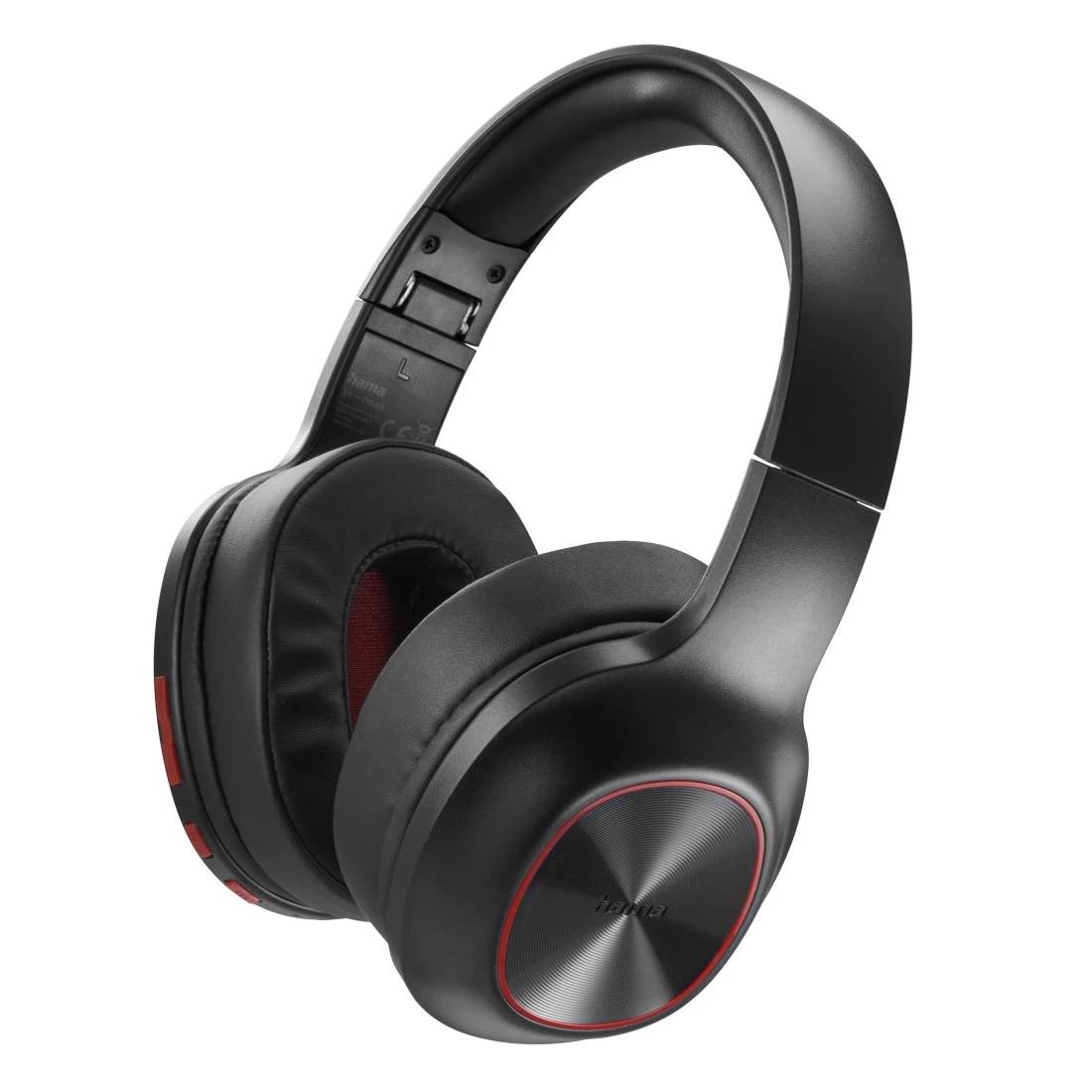 Schwarze Over-Ear-Kopfhörer mit roten Akzenten auf weißem Hintergrund.