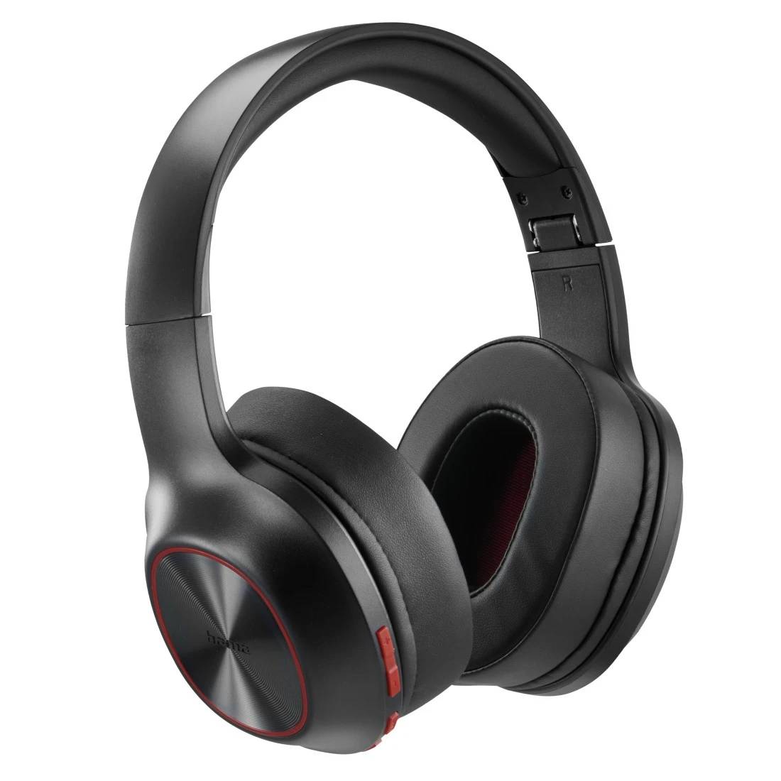 Schwarze Over-Ear-Kopfhörer mit roten Akzenten auf weißem Hintergrund.